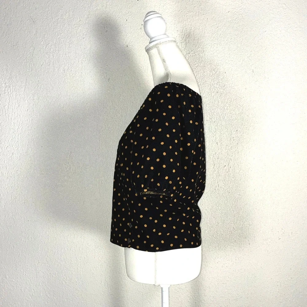 Madewell Polka Dot Corduroy Puff Sleeve Wrap Top Black‎ Tan XS G7835